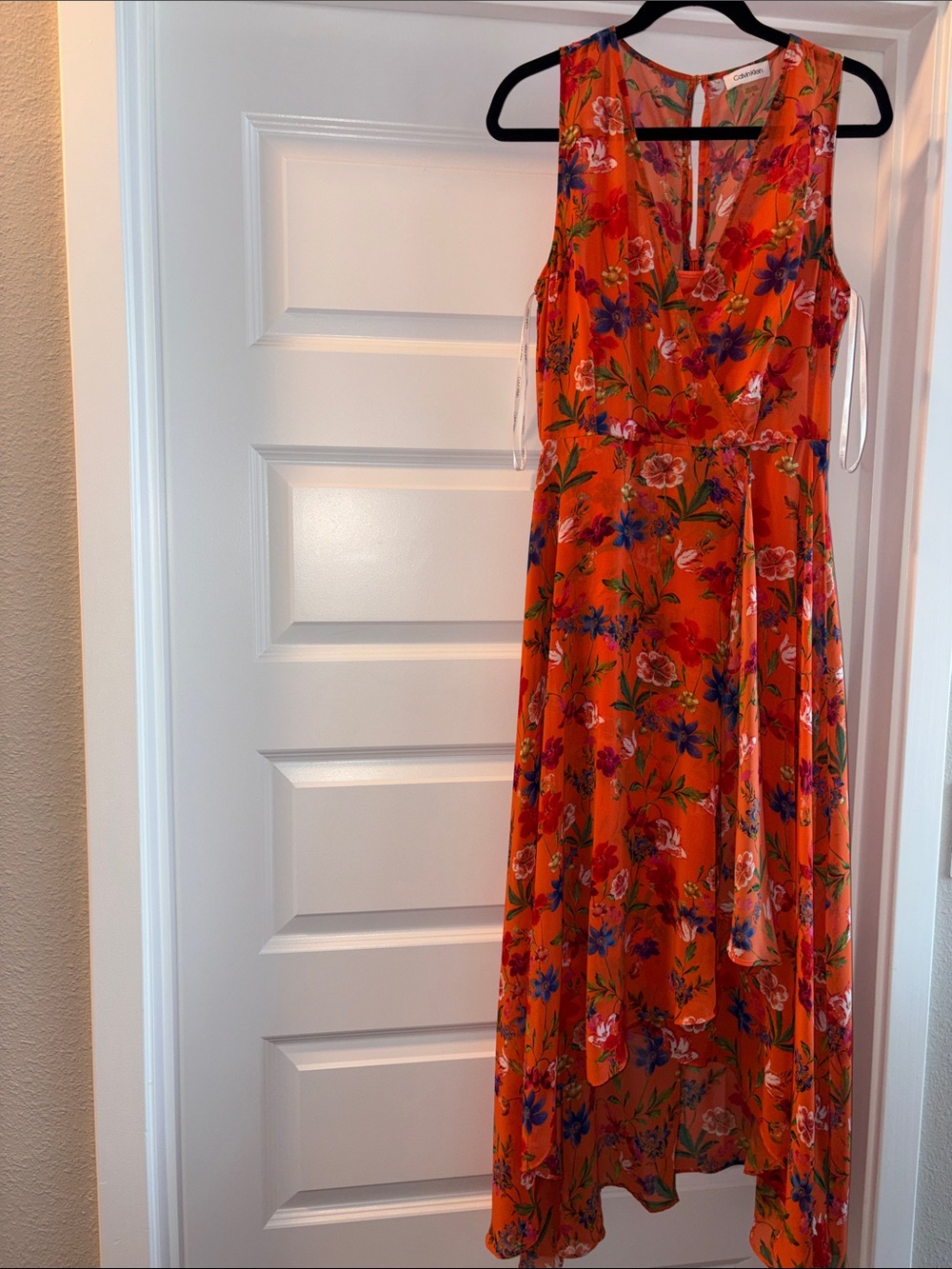 Calvin Klein Orange Floral High-Low Wrap Dress